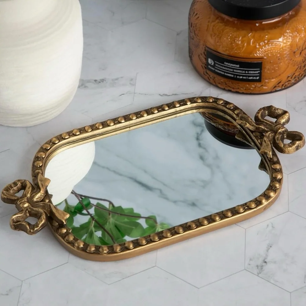 🎀🆕Elegant Mirrored And Gold Metal Bow Vanity Tray🎀